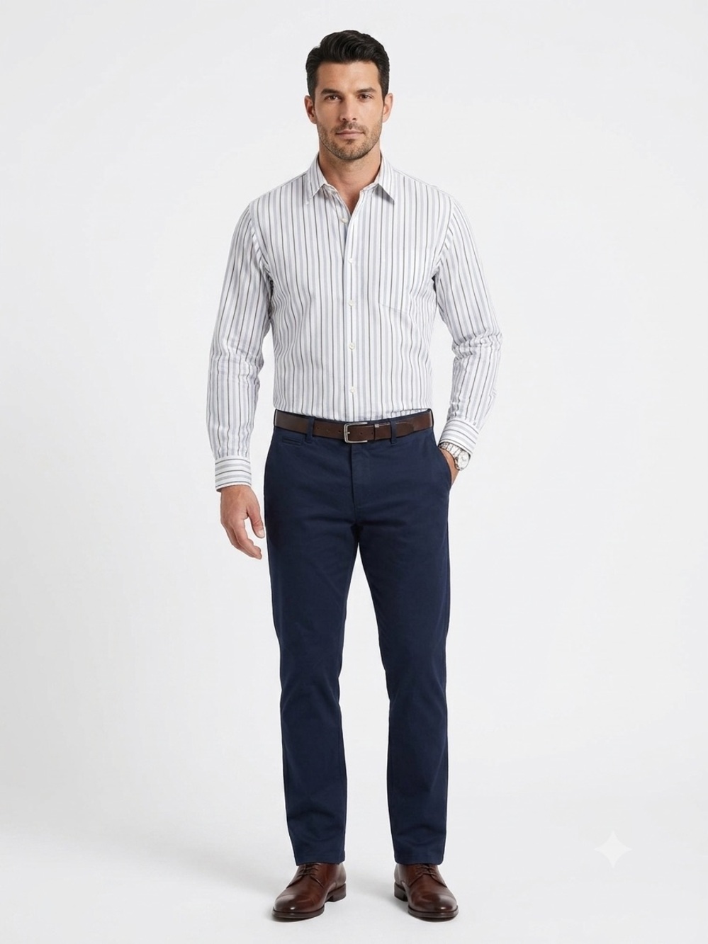 Basic Editions Men's Stripe Button-Down Shirt in White and Gray
